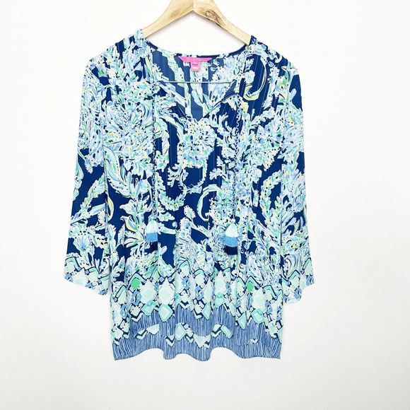 Lilly Pulitzer Marilina Tunic Womens XS Scuba Doo High Tide Navy 001471 tassles - Picture 2 of 7